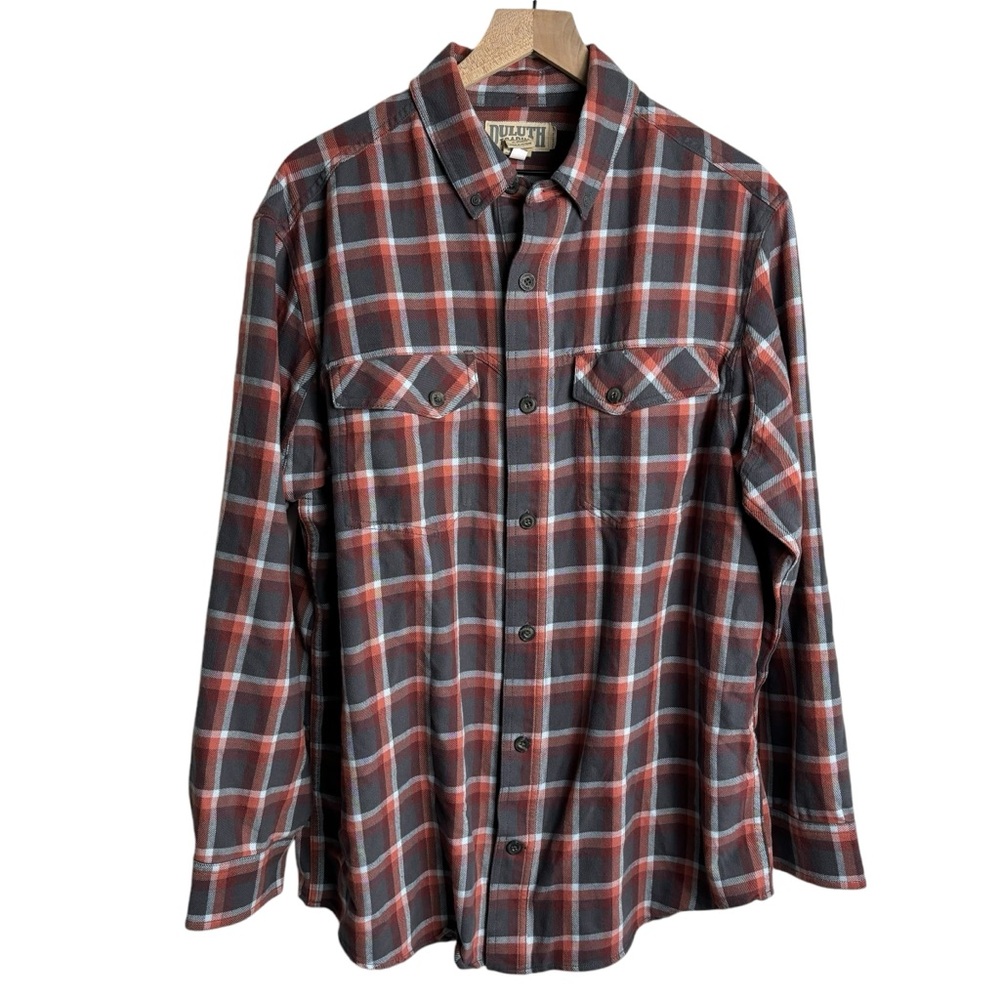 Duluth Men’s Flannel Shirt Large Orange Gray Plaid Button Up Long Sleeve Pockets